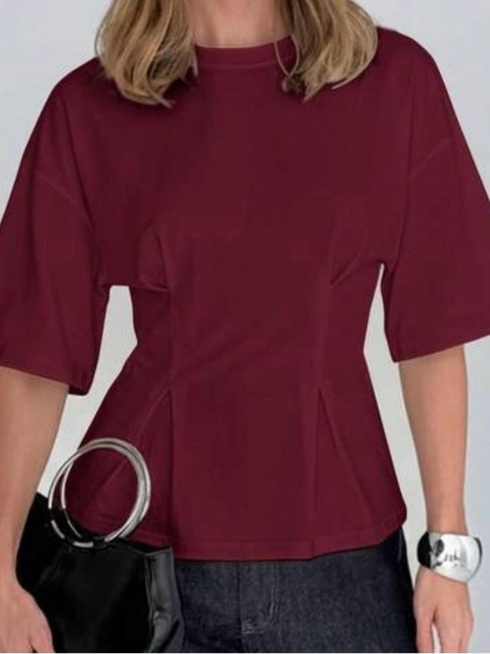 Women's Burgundy Peplum Short Sleeve Blouse chic and comfortable